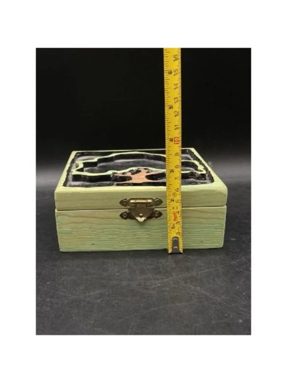 Hand Carved Green Wooden Box Tree of Life Keepsake 6”